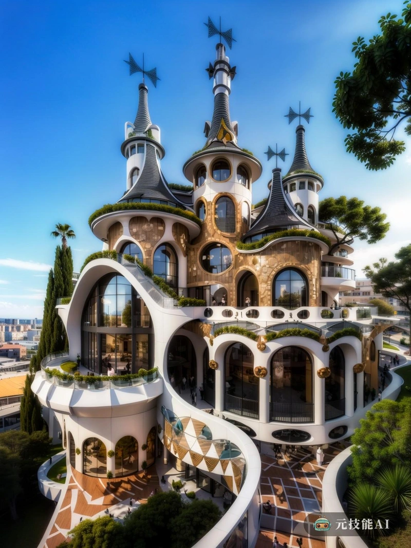 图为安东尼设计的城堡Gaudí。这是一座梦幻般的城堡，有机形式和抽象形状混合在一起。它高耸于地平线之上，似乎从岩石中生长出来，其立面装饰着复杂的细节和充满活力的马赛克。这座城堡似乎是由起伏的曲线和天然材料制成的，给人一种超凡脱俗的感觉。Gaudí独特的设计风格体现在每一个元素上，从螺旋楼梯到有机窗户，每一件作品都讲述着自己的故事。