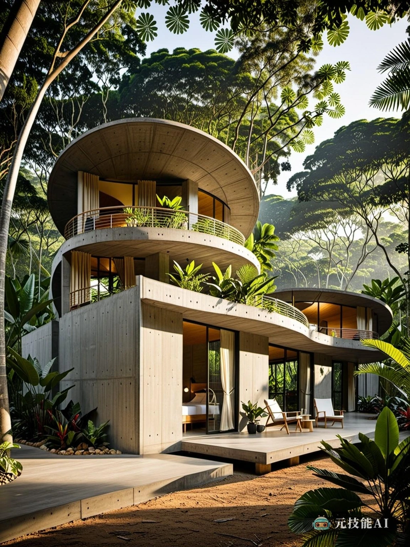 热带雨林营地是一个设计概念，将极简主义的混凝土建筑与热带雨林郁郁葱葱的环境融为一体。营地是一个逃离平凡的地方，在这里，人们可以沉浸在大自然中，同时享受现代设计的舒适。建筑的特点是简洁的线条和混凝土结构，和谐地融入周围的环境。混凝土的使用不仅耐用，而且与雨林的自然色调相辅相成，在建筑和自然世界之间创造了无缝的过渡。设计中运用了“转弯理论”，以模仿周围树木和植物曲线的起伏形式表现出来。这些起伏不仅仅是美学上的;它们也有实用的目的，使营地融入环境，同时仍然提供必要的功能。营地有几个结构，包括一个聚会和放松的中心枢纽，以及提供隐私和舒适的个人露营舱。每个吊舱都设计有大窗户，允许最大的自然光和通风，同时还提供保护。热带雨林营地是极简主义和混凝土建筑之美的证明，展示了这些元素如何与自然相结合，创造一个真正独特而放松的空间。
