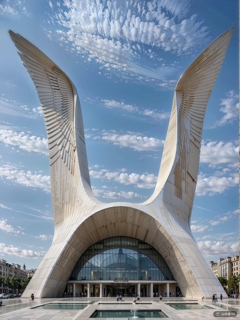 博物馆建筑立面，中轴线对称，鸟首居中，两侧翅膀伸向天空。Santiago Calatrava风格。