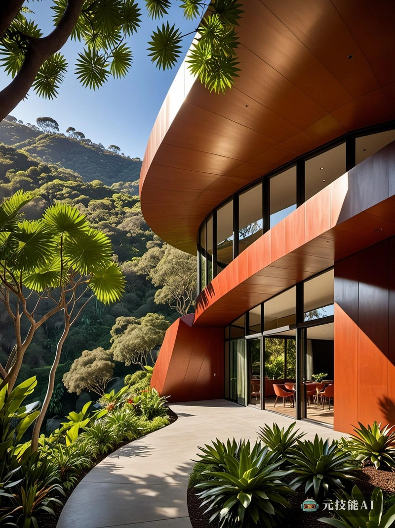 由John Lautner设计的住宅建筑优雅地矗立在连绵起伏的山丘和郁郁葱葱的绿色植物的背景下。建筑的现代主义风格体现在其简洁的线条和几何形状上,大窗户让自然光线进入室内空间。外部细节包括赤陶土包层,与周围环境相辅相成,光滑的金属屋顶增添了一丝工业别致。该建筑似乎是现代生活的避风港,为居民提供舒适时尚的生活环境。 由John Lautner设计的住宅建筑优雅地矗立在连绵起伏的山丘和郁郁葱葱的绿色植物的背景下。建筑的现代主义风格体现在其简洁的线条和几何形状上,大窗户让自然光线进入室内空间。外部细节包括赤陶土包层,与周围环境相辅相成,光滑的金属屋顶增添了一丝工业别致。该建筑似乎是现代生活的避风港,为居民提供舒适时尚的生活环境。