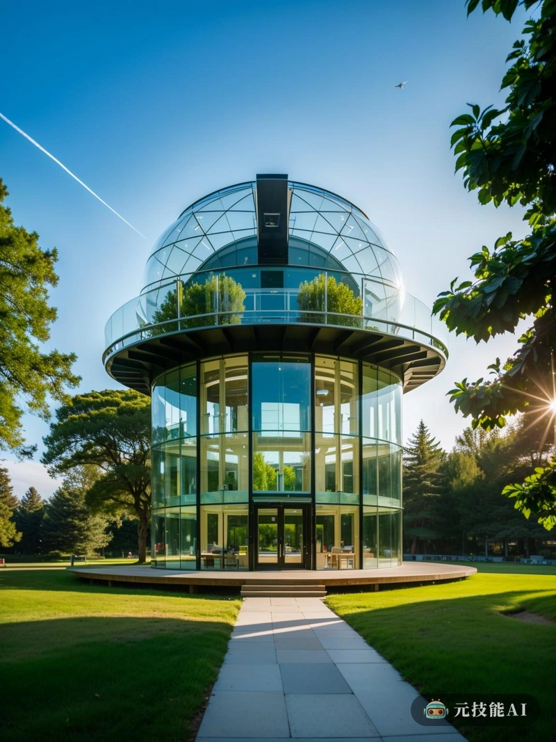 坐落在广阔的高原上，矗立着一个非凡的天文台公园，是现代设计和理性主义建筑的证明。该公园融合了几何和自然，提供了一个独特的视角来看待世界，无论是字面上还是比喻上。天文台公园是现代建筑的杰作，它的几何线条像钢化玻璃的刀片一样穿过天空。这些玻璃面板，透明而坚固，提供了一个清晰的宇宙视野，同时也保护了观察者免受元素的伤害。设计既实用又美观，是形式与功能的完美平衡。天文台公园的半透明结构是建筑理性主义的一种表达。它的简单和清晰是理性主义哲学的直接反映，它相信理性和逻辑的力量。建筑的形式遵循严格的几何网格，具有干净的线条和尖锐的角度，在高原的自然混乱中创造了一种秩序与和谐的感觉。天文台公园周围是郁郁葱葱的绿色草坪和公园，这是对公园生态重要性的认可。公园不仅为人们提供了远离城市喧嚣的休息场所，也是野生动物的避难所，是高原中部的一片绿洲。天文台公园不仅仅是一座建筑，更是一种体验。在这里，人们可以凝视星空，思考宇宙的奥秘，欣赏建筑中的理性主义之美。它提醒我们，即使在大自然中，人类理性和想象力的力量也能创造出真正非凡的东西。