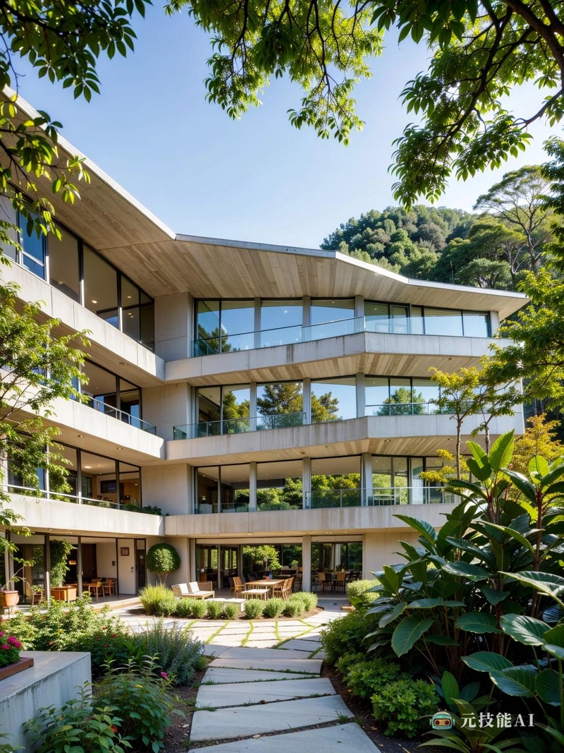 由John Lautner设计的住宅建筑优雅地矗立在连绵起伏的山丘和郁郁葱葱的绿色植物的背景下。沐浴在午后柔和阳光下的建筑散发着现代主义的优雅气息。几何形状和干净的线条定义了它的外观,其特点是光滑的窗户和柔和的调色板。该建筑似乎由混凝土和玻璃制成,装饰最少,强调功能。树木点缀着景观,在建筑上投下斑驳的阴影,而微风拂过树叶,营造出宁静的氛围。在内部,起居空间可能是开放和通风的,有大窗户,让自然光线进入室内。该设计证明了劳特纳在住宅建筑方面的专业知识,提供了室内和室外生活的和谐融合。 由John Lautner设计的住宅建筑优雅地矗立在连绵起伏的山丘和郁郁葱葱的绿色植物的背景下。沐浴在午后柔和阳光下的建筑散发着现代主义的优雅气息。几何形状和干净的线条定义了它的外观,其特点是光滑的窗户和柔和的调色板。该建筑似乎由混凝土和玻璃制成,装饰最少,强调功能。树木点缀着景观,在建筑上投下斑驳的阴影,而微风拂过树叶,营造出宁静的氛围。在内部,起居空间可能是开放和通风的,有大窗户,让自然光线进入室内。该设计证明了劳特纳在住宅建筑方面的专业知识,提供了室内和室外生活的和谐融合。