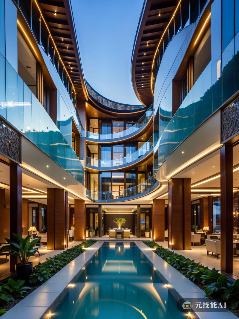 该图像呈现了一个迷人的酒店的愿景,体现了古老的村庄和高科技建筑的精髓。结构看起来是不锈钢和曲线有机形式的和谐融合,创造了独特而环保的设计。酒店的中心是一个水晶核心,一个透明和反射的空间,似乎在阳光下发光。这种水晶形状不仅提供了一种超凡脱俗的美学,而且还作为纯洁和可持续性的象征。它周围环绕着一系列起伏的曲线,由不锈钢制成,模仿自然界中发现的有机形式。这些曲线环绕着酒店,创造出一种运动和活力的感觉。酒店的外部装饰着复杂的细节,从古老的村庄中汲取灵感。石墙、瓦片屋顶和木制装饰融入高科技立面,营造出温暖而诱人的氛围。酒店综合体内郁郁葱葱的绿色空间进一步强调了传统与现代元素的融合。这些花园提供了一个喘息从酒店的喧嚣,为客人提供一个宁静祥和的环境。在里面,酒店拥有最先进的设施和技术,以满足现代旅客的需求。从智能房间系统到环保的供暖和制冷解决方案,每一个细节都经过精心设计,以确保舒适和可持续的客人体验。酒店的位置,坐落在一个风景秀丽的绿色植物,增加了它的魅力。它证明了设计的力量,将古代世界的精华与现代科技的进步相结合,创造了一个真正独特和环保的旅游目的地。 该图像呈现了一个迷人的酒店的愿景,体现了古老的村庄和高科技建筑的精髓。结构看起来是不锈钢和曲线有机形式的和谐融合,创造了独特而环保的设计。酒店的中心是一个水晶核心,一个透明和反射的空间,似乎在阳光下发光。这种水晶形状不仅提供了一种超凡脱俗的美学,而且还作为纯洁和可持续性的象征。它周围环绕着一系列起伏的曲线,由不锈钢制成,模仿自然界中发现的有机形式。这些曲线环绕着酒店,创造出一种运动和活力的感觉。酒店的外部装饰着复杂的细节,从古老的村庄中汲取灵感。石墙、瓦片屋顶和木制装饰融入高科技立面,营造出温暖而诱人的氛围。酒店综合体内郁郁葱葱的绿色空间进一步强调了传统与现代元素的融合。这些花园提供了一个喘息从酒店的喧嚣,为客人提供一个宁静祥和的环境。在里面,酒店拥有最先进的设施和技术,以满足现代旅客的需求。从智能房间系统到环保的供暖和制冷解决方案,每一个细节都经过精心设计,以确保舒适和可持续的客人体验。酒店的位置,坐落在一个风景秀丽的绿色植物,增加了它的魅力。它证明了设计的力量,将古代世界的精华与现代科技的进步相结合,创造了一个真正独特和环保的旅游目的地。