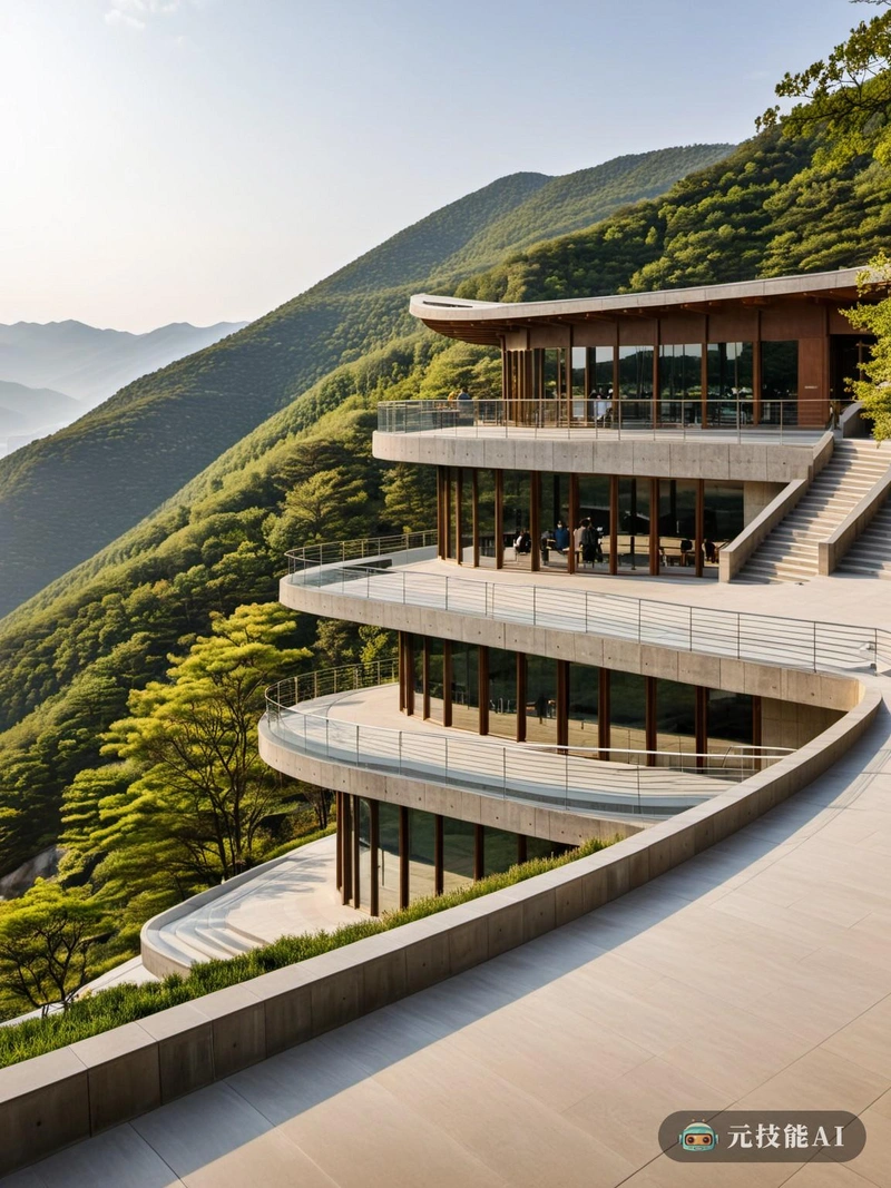 文化中心观景台坐落在群山之间，是现代主义和传统韩国建筑和谐融合的见证。甲板是一个圆形的石头和玻璃结构，从斜坡上优雅地升起，它的形式与地形的自然轮廓相呼应。整个结构中使用的石材既实用又美观，参考了当地景观的耐久性和弹性，同时也补充了周围山脉的自然色调。设计的核心是对结构诚实的承诺。甲板的支撑是裸露的，原始的混凝土梁贯穿整个结构，即使从内部观察区域也能看到。这种透明度不仅增加了甲板的美学吸引力，而且还突出了在这样一个偏远且环境具有挑战性的位置支持结构所需的工程精度。露台的梯田布局是对传统韩国建筑和该地区农业遗产的致敬。每个露台都有自己独特的周围山谷景观，邀请游客停下来，反思，并与自然世界联系。该设计还允许被动式太阳能加热，在一年中较冷的月份利用太阳光线加热甲板。从甲板上，游客可以欣赏到周围山脉和山谷的全景。海拔和暴露的感觉既令人兴奋又令人谦卑，为该地区的自然美景提供了独特的视角。文化中心观景台不仅是一个观赏景观的地方，也是一个文化交流和反思的空间。总的来说，文化中心的观景台是现代主义和传统韩国建筑融合的有力表达。它证明了自然世界和该地区丰富的文化遗产的永恒之美。