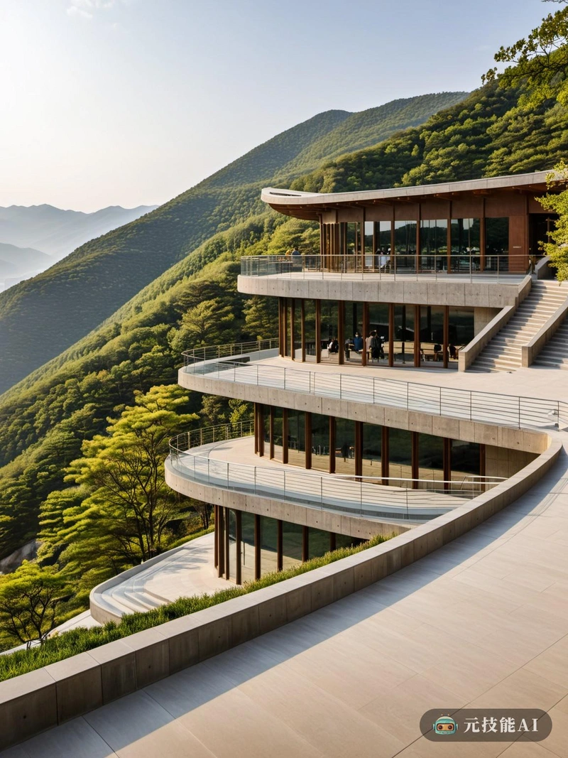 文化中心观景台坐落在群山之间,是现代主义和传统韩国建筑和谐融合的见证。甲板是一个圆形的石头和玻璃结构,从斜坡上优雅地升起,它的形式与地形的自然轮廓相呼应。整个结构中使用的石材既实用又美观,参考了当地景观的耐久性和弹性,同时也补充了周围山脉的自然色调。设计的核心是对结构诚实的承诺。甲板的支撑是裸露的,原始的混凝土梁贯穿整个结构,即使从内部观察区域也能看到。这种透明度不仅增加了甲板的美学吸引力,而且还突出了在这样一个偏远且环境具有挑战性的位置支持结构所需的工程精度。露台的梯田布局是对传统韩国建筑和该地区农业遗产的致敬。每个露台都有自己独特的周围山谷景观,邀请游客停下来,反思,并与自然世界联系。该设计还允许被动式太阳能加热,在一年中较冷的月份利用太阳光线加热甲板。从甲板上,游客可以欣赏到周围山脉和山谷的全景。海拔和暴露的感觉既令人兴奋又令人谦卑,为该地区的自然美景提供了独特的视角。文化中心观景台不仅是一个观赏景观的地方,也是一个文化交流和反思的空间。总的来说,文化中心的观景台是现代主义和传统韩国建筑融合的有力表达。它证明了自然世界和该地区丰富的文化遗产的永恒之美。 文化中心观景台坐落在群山之间,是现代主义和传统韩国建筑和谐融合的见证。甲板是一个圆形的石头和玻璃结构,从斜坡上优雅地升起,它的形式与地形的自然轮廓相呼应。整个结构中使用的石材既实用又美观,参考了当地景观的耐久性和弹性,同时也补充了周围山脉的自然色调。设计的核心是对结构诚实的承诺。甲板的支撑是裸露的,原始的混凝土梁贯穿整个结构,即使从内部观察区域也能看到。这种透明度不仅增加了甲板的美学吸引力,而且还突出了在这样一个偏远且环境具有挑战性的位置支持结构所需的工程精度。露台的梯田布局是对传统韩国建筑和该地区农业遗产的致敬。每个露台都有自己独特的周围山谷景观,邀请游客停下来,反思,并与自然世界联系。该设计还允许被动式太阳能加热,在一年中较冷的月份利用太阳光线加热甲板。从甲板上,游客可以欣赏到周围山脉和山谷的全景。海拔和暴露的感觉既令人兴奋又令人谦卑,为该地区的自然美景提供了独特的视角。文化中心观景台不仅是一个观赏景观的地方,也是一个文化交流和反思的空间。总的来说,文化中心的观景台是现代主义和传统韩国建筑融合的有力表达。它证明了自然世界和该地区丰富的文化遗产的永恒之美。