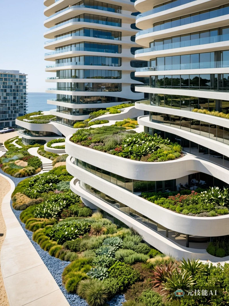 作为海岸建筑和当代绿色设计的无缝融合，海岸空中花园体现了高科技和绿色建筑的精髓。从陶土的自然形态和纹理中汲取灵感，设计结合了优雅流动的分段形式，与周围海洋和天际线的曲线相呼应。空中花园的结构经过优化，利用轻质材料和创新的绿色技术，实现了最大的可持续性。流线型的现代建筑在简洁的线条和未来主义的美学中是显而易见的，在引入现代边缘的同时补充了自然环境。其结果是，这个设计不仅增强了海岸线的美丽，而且成为可持续城市规划和环境和谐的象征。