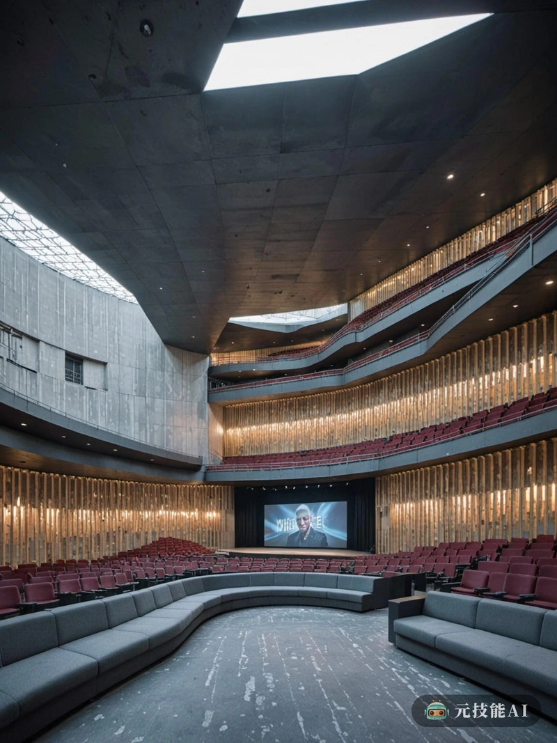 图中,我们看到的是雷姆·库哈斯(Rem Koolhaas)设计的未来主义剧院,他是一位以创新和发人深省的设计而闻名的著名建筑师。该场景描绘了一座现代建筑,具有棱角分明的几何形状和大胆的外观,以反乌托邦的城市背景为背景。建筑似乎是由深色材料制成的,有锋利的边缘和凹陷的区域,创造了一种戏剧性和兴奋的感觉。在内部,剧院同样充满活力,座位区以弯曲、起伏的方式环绕着舞台。风格是工业和现代设计的融合,暴露的横梁,管道和其他机械元素随处可见。细节是精心制作的,每一个元素服务的目的,同时保持一个圆滑和现代的审美。总体印象是,剧院不仅仅是一个观看表演的地方,而是一种让观众沉浸在表演本身的艺术性和戏剧性中的体验。 图中,我们看到的是雷姆·库哈斯(Rem Koolhaas)设计的未来主义剧院,他是一位以创新和发人深省的设计而闻名的著名建筑师。该场景描绘了一座现代建筑,具有棱角分明的几何形状和大胆的外观,以反乌托邦的城市背景为背景。建筑似乎是由深色材料制成的,有锋利的边缘和凹陷的区域,创造了一种戏剧性和兴奋的感觉。在内部,剧院同样充满活力,座位区以弯曲、起伏的方式环绕着舞台。风格是工业和现代设计的融合,暴露的横梁,管道和其他机械元素随处可见。细节是精心制作的,每一个元素服务的目的,同时保持一个圆滑和现代的审美。总体印象是,剧院不仅仅是一个观看表演的地方,而是一种让观众沉浸在表演本身的艺术性和戏剧性中的体验。
