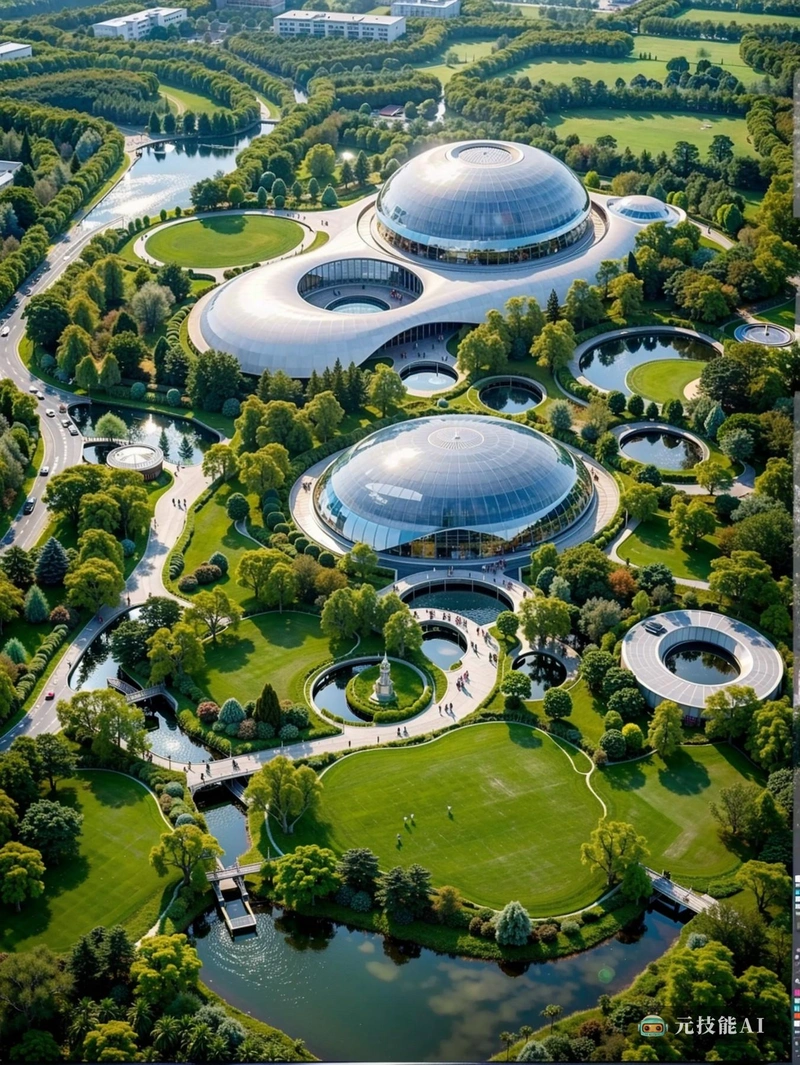 一个水滴状的博物馆建筑优雅地矗立在郁郁葱葱的绿色中,体现了艺术与自然的和谐融合。 一个水滴状的博物馆建筑优雅地矗立在郁郁葱葱的绿色中,体现了艺术与自然的和谐融合。