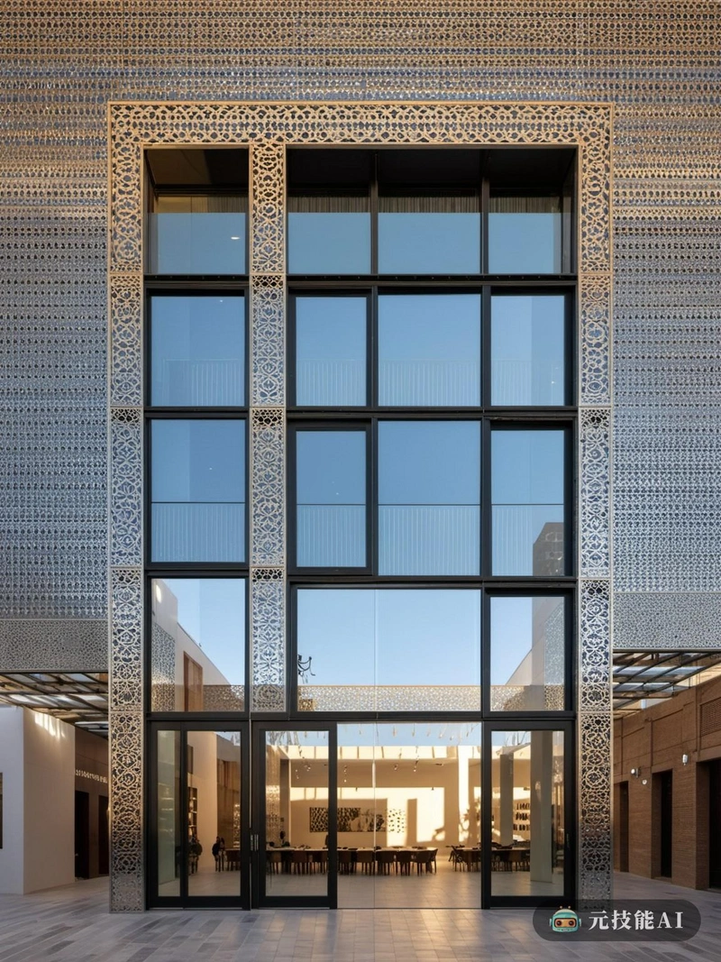 设计理念围绕寒区建筑与商业街繁华活力的融合展开。玻璃和钢铁极简主义构成了结构的支柱，提供了功能和美学。光滑的玻璃幕墙让自然光进入室内，创造出明亮通风的氛围。钢框架补充了这一点，提供了稳定性和耐久性。为了增加一层文化深度，设计融入了穆德哈尔建筑的元素。铝合金板被用来模仿传统Mudejar瓷砖的复杂图案和细节，为原本现代的外观增添了一丝温暖和复杂。这种新旧的融合创造了一种独特的建筑语言，既尊重传统又尊重现代。在结构上，设计采用网格结构，允许最大的灵活性和适应性。这个网格系统不仅支撑了建筑的重量，还作为一个视觉框架，引导人们的眼睛通过设计的各种元素。总之，这个设计证明了想象力的力量，将寒冷地区的极简主义与Mudejar建筑相结合，创造了一个充满活力和创新的商业空间。