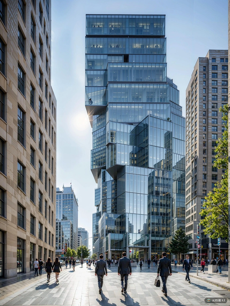 由著名建筑师设计的高耸的多层办公楼傲然矗立在熙熙攘攘的城市街道的背景下。该结构是现代建筑的杰作,由堆叠的水平层组成,这些层向顶部逐渐变细,在天空中创造了一个动态的轮廓。窗户点缀着立面,让自然光进入,并提供周围城市景观的全景。行人在人行道上走来走去,在光滑的玻璃外表投下小小的阴影,为原本静止的建筑增添了一种生机和动感。这是一种现代化、进步和城市活力的氛围。 由著名建筑师设计的高耸的多层办公楼傲然矗立在熙熙攘攘的城市街道的背景下。该结构是现代建筑的杰作,由堆叠的水平层组成,这些层向顶部逐渐变细,在天空中创造了一个动态的轮廓。窗户点缀着立面,让自然光进入,并提供周围城市景观的全景。行人在人行道上走来走去,在光滑的玻璃外表投下小小的阴影,为原本静止的建筑增添了一种生机和动感。这是一种现代化、进步和城市活力的氛围。