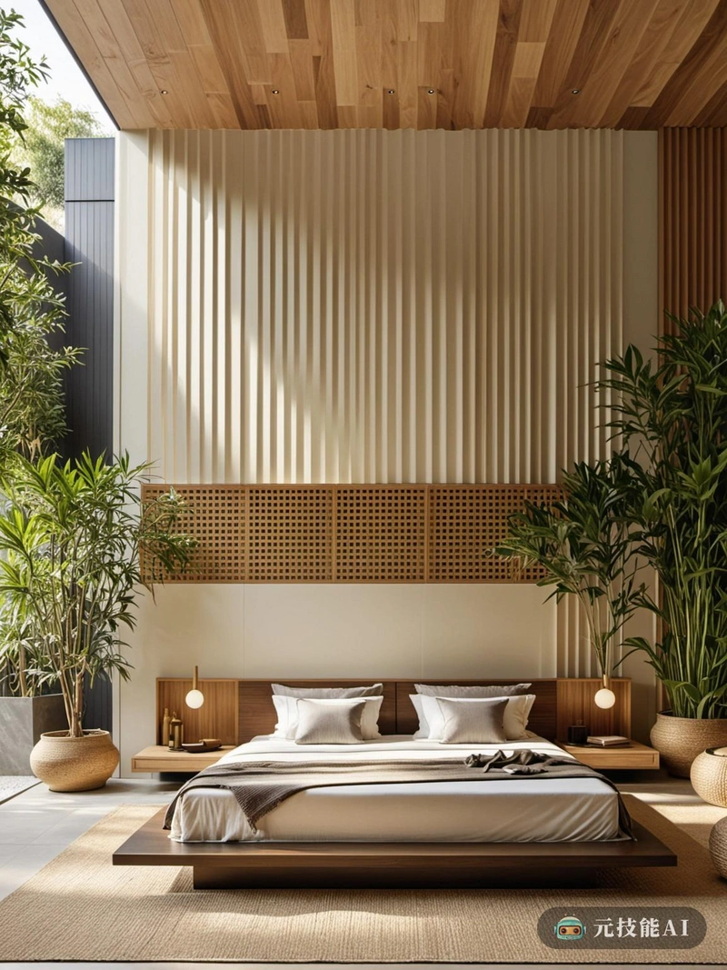 卧室的设计，一个迷人的东方花园的宁静和现代建筑的融合，是一个证明文化融合之美。房间里装饰着散发着国际现代主义风格的家具，将光滑的线条和几何形状与天然木材的温暖相结合。卧室的中心是床，优雅地放置在木制复合板的背景下，与东方花园自然环境的纹理和色调相呼应。家具的布局遵循集群的方法，创造舒适的角落，邀请放松和交谈。木质复合板的使用不仅补充了房间的自然主题，还增加了一丝耐用性和实用性。其结果是一个兼具视觉吸引力和功能的空间，完美融合了东方的优雅和现代的便利。这个设计提醒人们，传统元素的美可以通过现代设计原则重新想象和焕发活力，创造出永恒和当代的空间。
