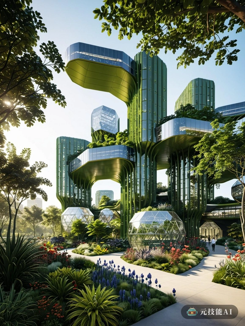 设计理念融合了植物园的宁静与赛博朋克城市的脉动。花园被重新构想为城市绿洲，郁郁葱葱的绿色植物和充满活力的花卉与未来主义的几何形状混合在一起。聚合物合成材料，塑造成晶体结构，模仿植物的有机形式，同时也参考了赛博朋克世界的工业美学。现代建筑以其流畅的线条和动态的曲线勾勒出花园，在自然世界和高科技城市景观之间创造了无缝的过渡。该设计探索了自然与技术的交集，提供了一个人类可以与环境和谐共生的未来愿景。