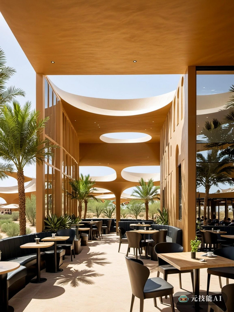 在沙漠的中心，一片绿洲的景象正在形成。这个被称为“Cafeoasis”的设计是高科技和绿色建筑结合的证明。咖啡馆使用聚合物复合材料建造，这是一种前瞻性的选择，提供了耐久性、可持续性和灵活性。结构形式是参数化设计，优化了效率最大化和环境影响最小化。它的形状和窗户的设计是为了利用自然光和通风，创造一个舒适的室内空间，感觉与沙漠景观相连。在室内，一片翠绿的绿洲显露出来，植物的生命在整个室内蓬勃发展，提供了凉爽的效果和宁静的感觉。咖啡馆的室内设计与外部相辅相成，时尚的家具和高科技的固定装置提供了一个现代而舒适的氛围。咖啡馆不仅仅是一个享受咖啡的地方;这是一种体验，展示了即使在最恶劣的环境中，可持续发展的尖端建筑的可能性。