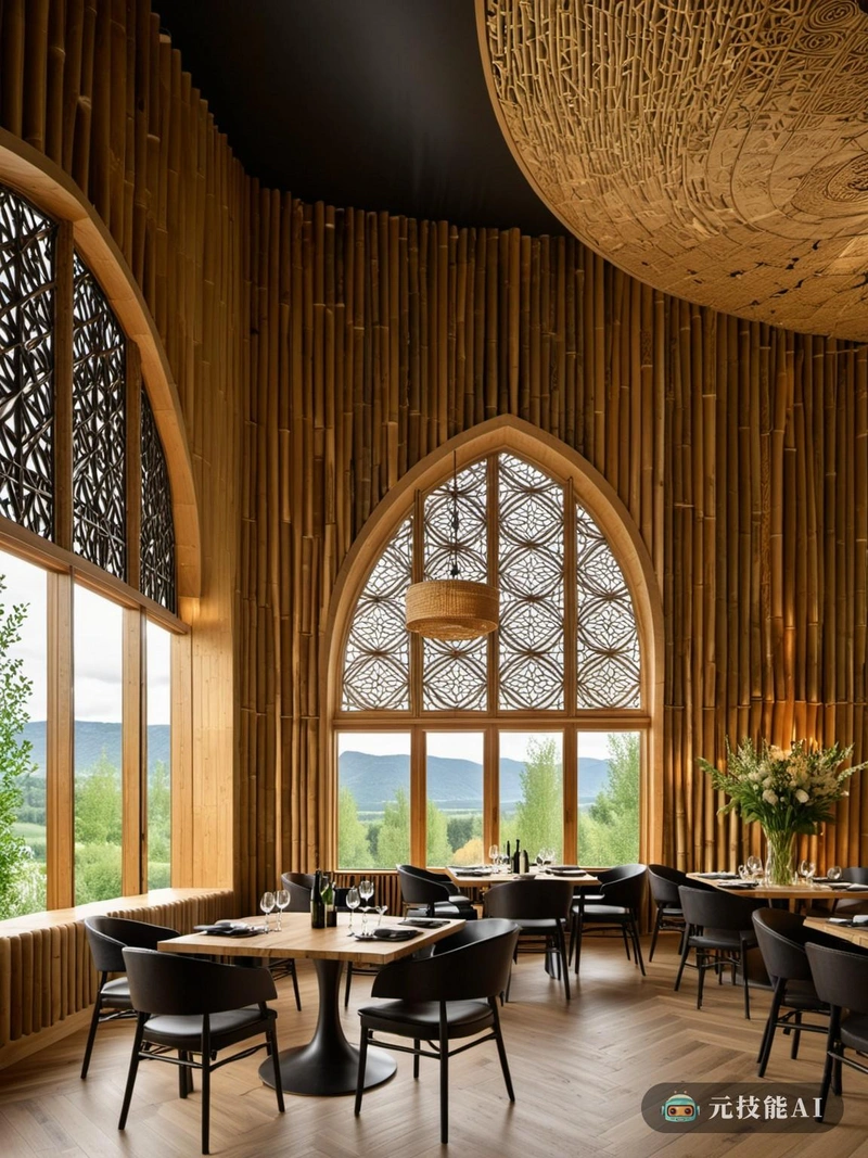 餐厅的设计灵感来自宁静的北欧山脉，用竹子材料编织出一个有机建筑的故事，拥抱自然世界。空间通过使用竹子来定义，这是一种可持续和环保的材料，模仿了自然界中发现的有机形式。哥特式风格的天花板上雕刻着复杂的雕刻，为房间增添了一丝优雅和戏剧性。墙壁保持中性，让竹子元素和哥特式天花板脱颖而出。餐桌也是竹制的，是房间的焦点，周围是舒适的椅子，可以进行长时间的交谈。大窗户引入自然光，营造出温暖诱人的氛围。整体设计是北欧简约和哥特式宏伟的和谐融合，创造了一个既舒适又优雅的餐厅。