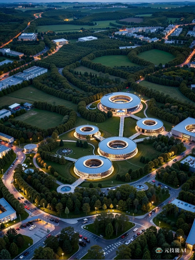 一座星形博物馆建筑呈圆形散布在一个高科技园区内,周围是良好的生态绿化,起伏的山丘和大片的桦树林,以及穿过农田的道路,在夜晚,夜晚的灯光,夜晚的光线 一座星形博物馆建筑呈圆形散布在一个高科技园区内,周围是良好的生态绿化,起伏的山丘和大片的桦树林,以及穿过农田的道路,在夜晚,夜晚的灯光,夜晚的光线
