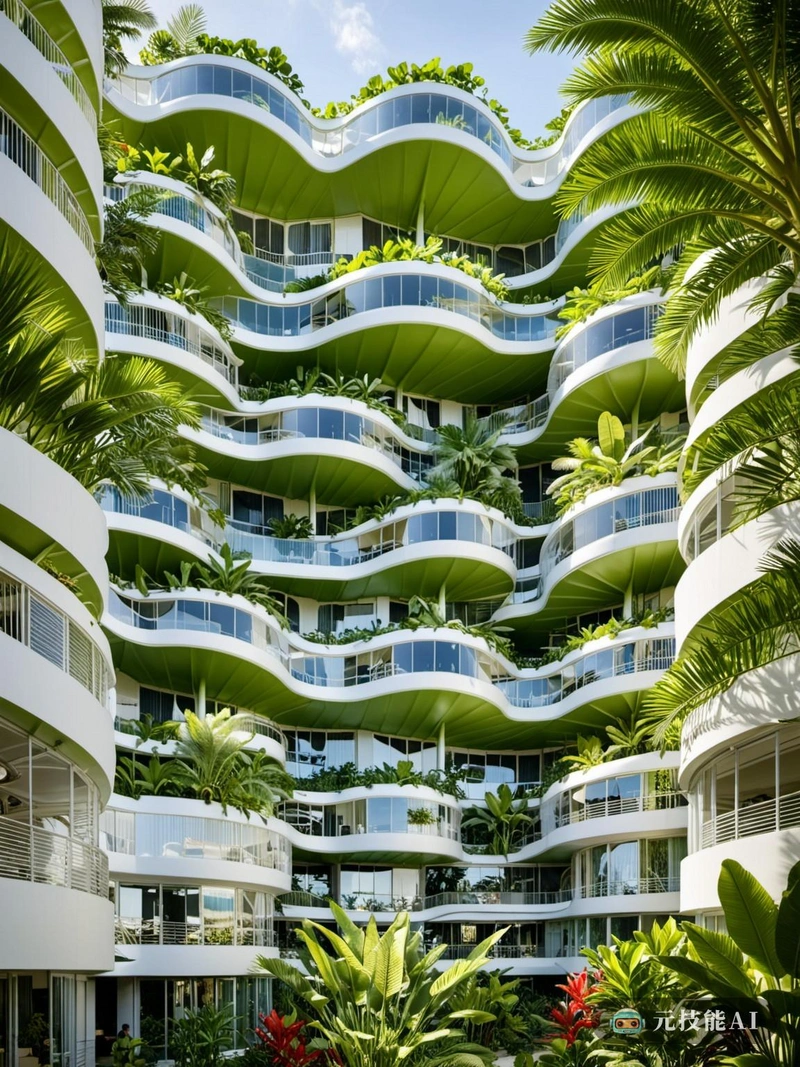 热带未来主义住宅是一个独特的住宅综合体，旨在融合热带植物园的魅力和最前沿的蓬皮杜风格建筑。该综合体体现了有机建筑原则，利用合成树脂等高分子合成材料创造出与自然环境无缝融合的和谐结构。全景设计元素被纳入为居民提供郁郁葱葱的绿色植物，确保每间公寓感觉像一个私人热带天堂。高科技的功能无缝集成，提供现代化的便利，同时保持一个环保的足迹。热带未来主义住宅是与自然和谐相处的可持续生活之美的证明。