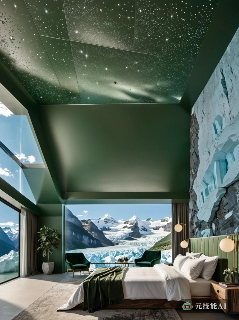 想象一间卧室，在那里，冰川地区的宁静寒冷与高科技建筑的光滑相遇，同时拥抱绿色设计的和谐。这种融合的卧室设计是现代融合之美的证明。墙壁上装饰着装饰艺术图案，唤起了一种经典的优雅，补充了现代元素。床架由回收的陶土制成，讲述了一个可持续发展和文化遗产的故事。天花板是全景设计，提供星空效果，模仿冰川的浩瀚，创造一种轻松的氛围。绿色元素无缝地融入到设计中，植物悬挂在天花板上，空气净化材料贯穿始终。这个房间的技术是最先进的，有智能照明、温度控制，甚至还有一个虚拟现实系统，只要按一下按钮，就能把你带到冰川里。这间卧室不仅仅是一个休息的地方;这是一次穿越时空的旅行，融合了自然的优雅与现代生活的便利。