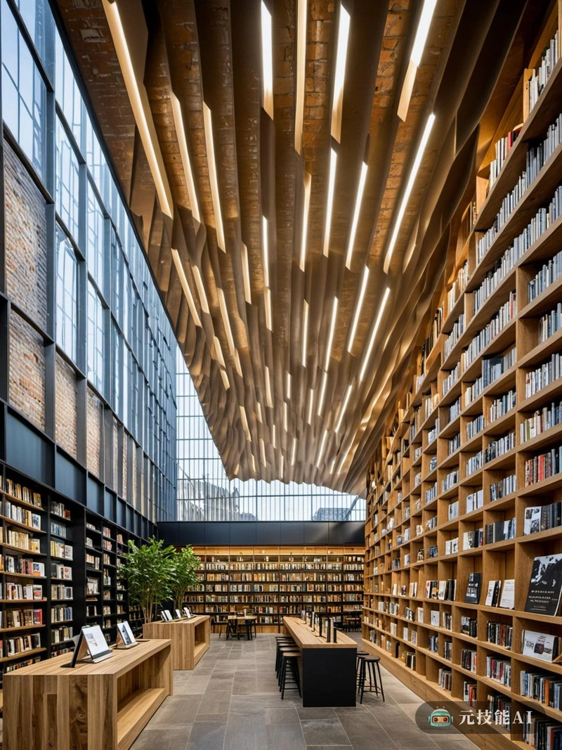 未来城市书店的设计将中世纪建筑的精髓浓缩在高科技和可持续的框架内。立面由铝塑板组成，波浪形的设计，唤起现代的未来感，与传统的中世纪美学形成对比。这些面板不仅提供了独特的美学，而且有助于建筑的环保，可回收和节能。书店内部是新旧交错的迷宫，木梁和裸露的砖墙营造出一种舒适的中世纪氛围。然而，数字显示器和互动阅读站将空间带入了21世纪，允许模拟和数字阅读体验的无缝融合。自然光线通过天窗照射进来，确保了明亮和温馨的环境，而水景和绿色植物增加了宁静和可持续性的感觉。未来城市的书店不仅仅是一个买书的地方;这是一种将过去的美好与未来的希望融合在一起的体验，创造了一个读者可以在书本中迷失自我的目的地，同时也拥抱了现代技术的便利。