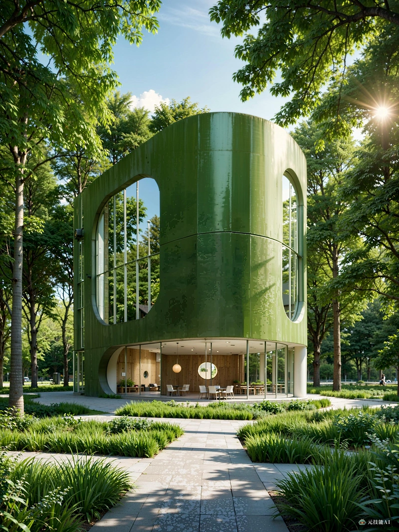 这幅画描绘了一座由一位著名建筑师精心设计的圆柱形建筑。矗立在翠绿的背景下，建筑融合与周围的绿色环境天衣无缝。圆柱形的形式既现代又永恒，其光滑的曲线被阳光的反射所强调。窗户点缀在立面上，吸引自然光和郁郁葱葱的树叶。在基地，一个充满绿色植物的广场，甚至可能有一些长凳供路人享受户外活动。这个形象唤起了建筑与自然之间的和谐感，证明了建筑师对可持续设计的承诺。