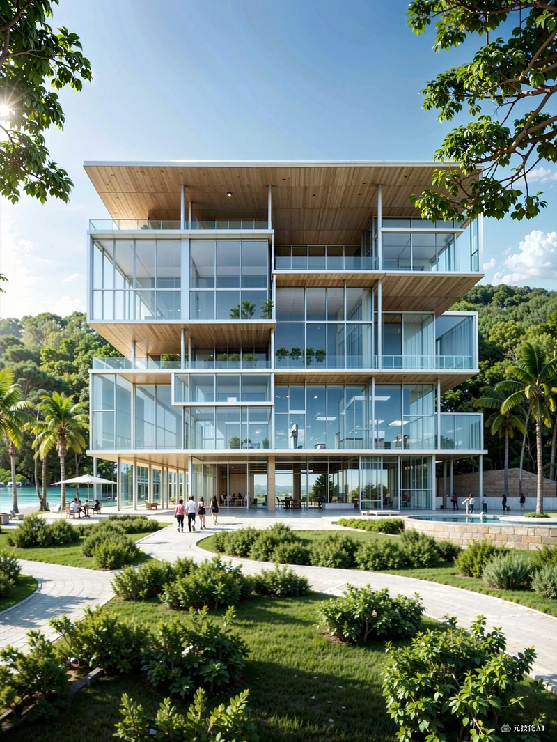 度假岛公共建筑的设计理念是高科技和绿色建筑的融合，创造了一个与自然环境和谐融合的分段形式。该结构主要由玻璃建造，允许最大的透明度和与周围景观的无缝连接。这个玻璃幕墙不仅提供了令人叹为观止的景观，而且还结合了最新的绿色技术，如太阳能电池板和隔热材料，以减少能源消耗和碳排放。建筑的分段形式既美观又实用，允许其使用的最大灵活性。无论是社区中心、表演大厅还是市场，设计都能满足岛上游客和居民的不同需求。度假岛的公共建筑融合了高科技和绿色的特点，是可持续设计和人类智慧的力量的证明。
