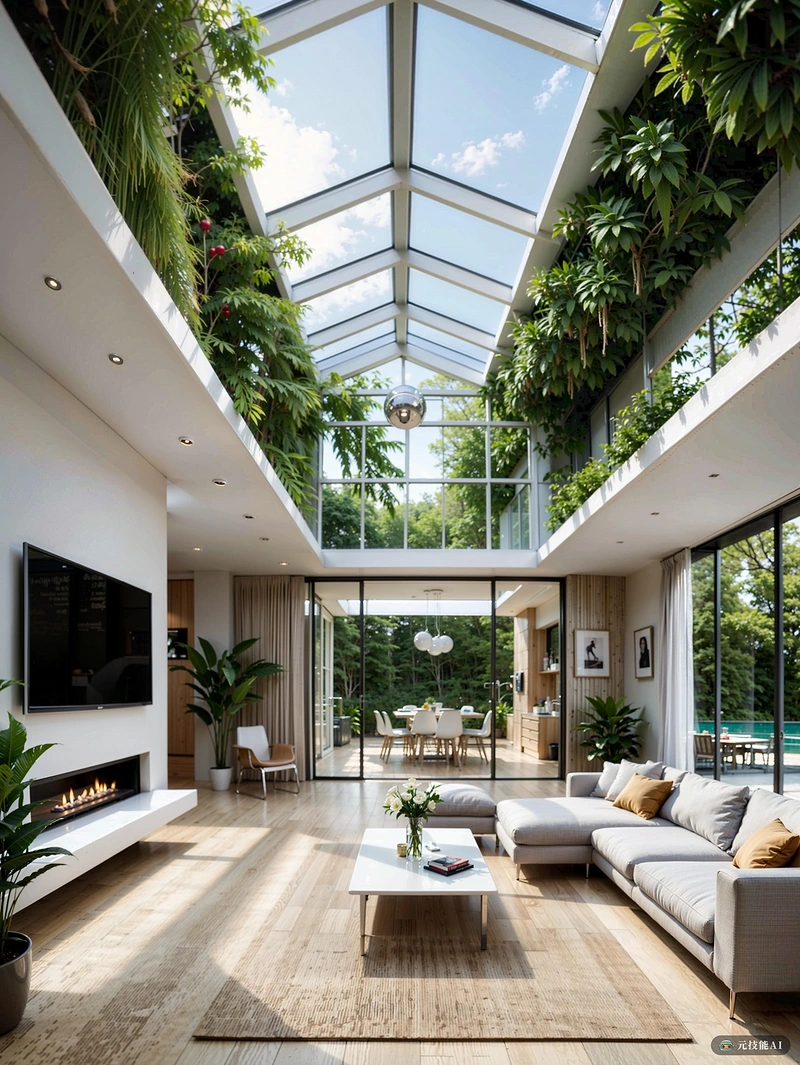 进入一个高科技与可持续设计相结合的世界，在这里，国际现代主义在客厅扎根，将室内变成了室外的绿洲。这个客厅的设计是创新和想象力的证明，其特点是Mansard屋顶向空中花园开放，模糊了室内和室外的界限。屋顶由光滑的不锈钢制成，不仅提供了现代美学，而且确保了耐用性和寿命。空中花园郁郁葱葱，为居住空间带来宁静和自然美，同时也作为天然绝缘体，降低能源成本和碳排放。这个设计体现了现代生活的精髓，提供了一个舒适、时尚的空间，与自然环境和谐共存。