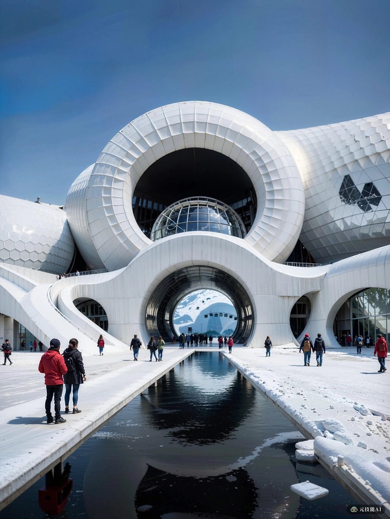 冰雪世界博物馆是一个体现高科技创新精髓和蓬皮杜风格的设计杰作。博物馆主要由不锈钢建造，其外观反映了冰冻水的脆度，而其内部则展示了技术魔法和文化表达的后现代融合。参观者进入了一个未来主义展示与历史参考交织在一起的世界，在过去和未来之间创造了对话。哥特风格的元素增添了一层神秘和戏剧性，唤起了一种惊奇和探索的感觉。冰雪世界博物馆不仅仅是一个文物仓库;这是一次穿越时空的互动之旅，传统与现代融合成一种充满活力和迷人的体验。
