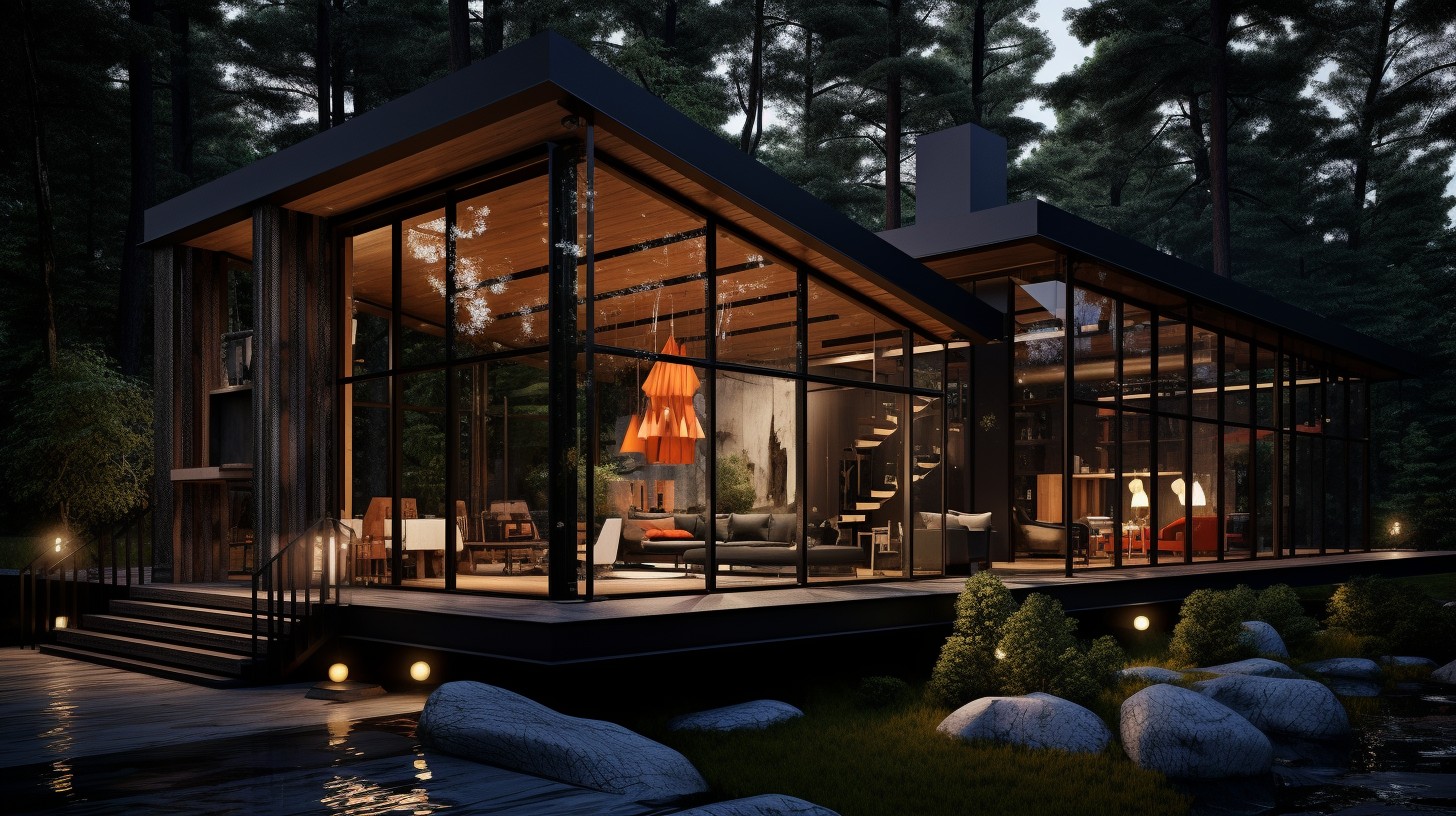 AI a Small House In The Woods With A Glass Roof In The Style Of 