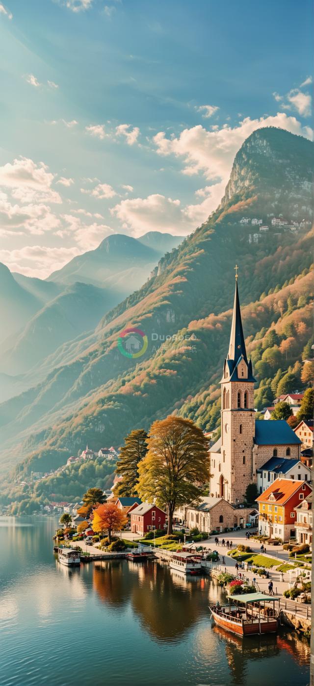 高清秋色湖畔小镇风光：巍峨山峰映衬下彩色建筑与宁静湖面的和谐交融