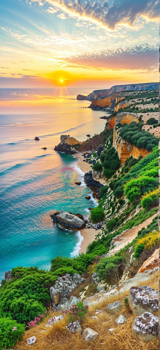 日落时分高空视角下的壮丽海岸风光摄影