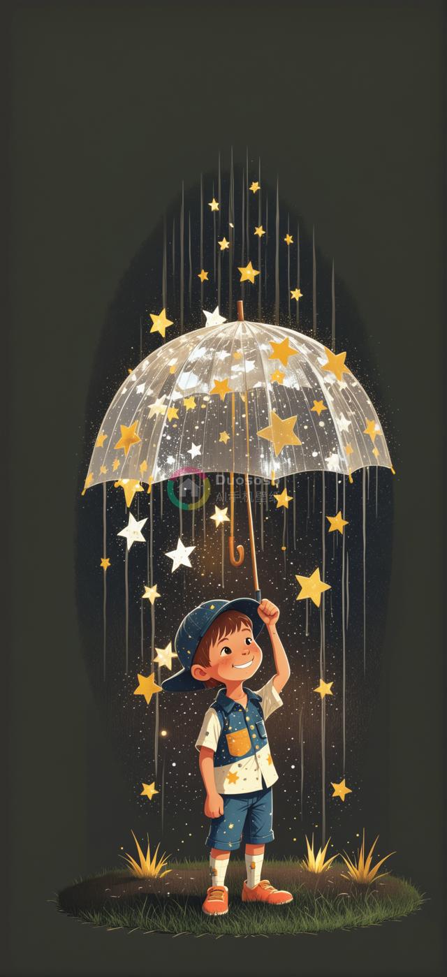 奇幻星光雨中男孩：梦境般的插画展现童真奇迹