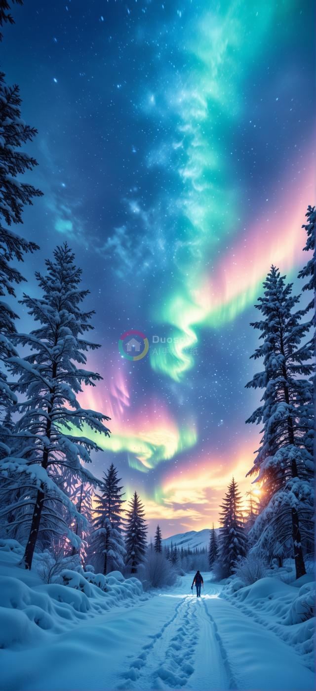 夜幕下孤独身影雪林漫步，北极光绚丽舞动冬景摄影