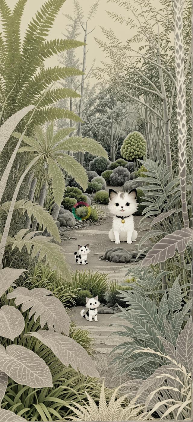 童话风森林卡通猫彩绘：静谧自然与奇幻色彩交织的视觉盛宴