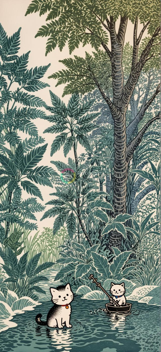 卡通风格奇幻丛林中两只嬉戏猫咪的趣味插画