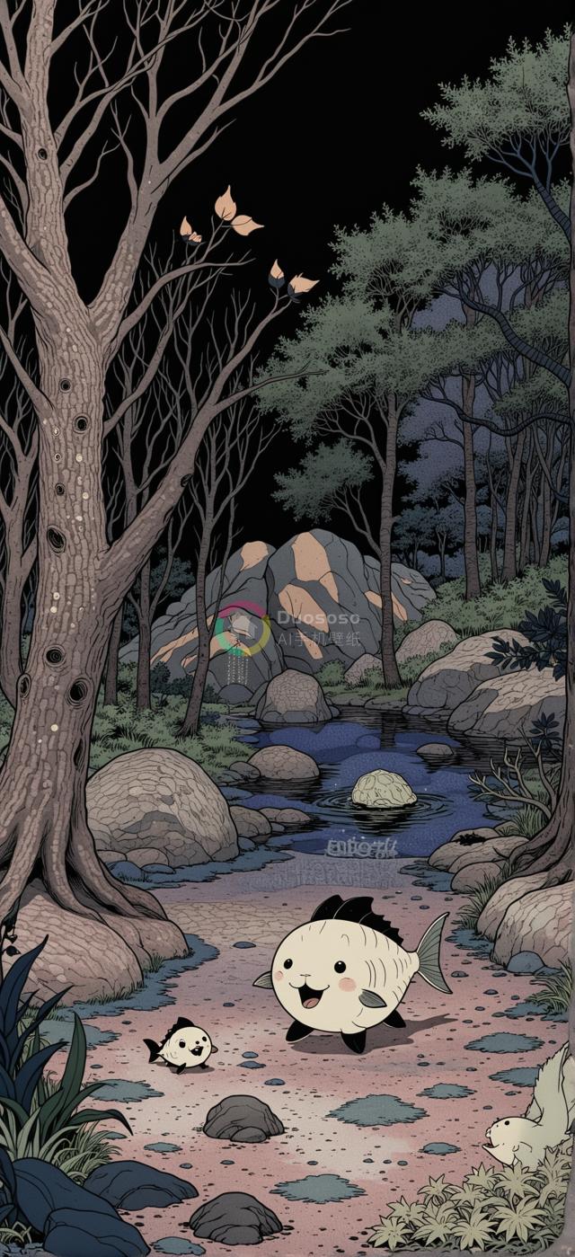 幻想森林卡通鱼角色探险场景插画：欢乐表情与静谧氛围