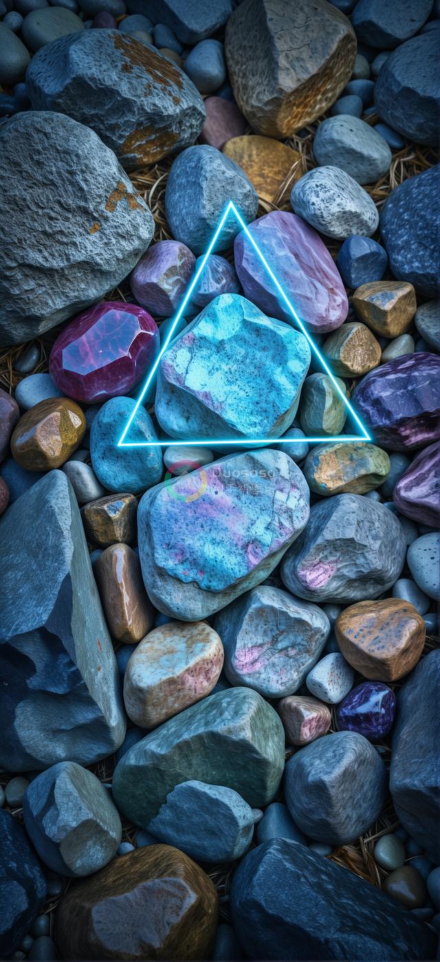 多彩河石俯瞰图：自然色调与霓虹蓝三角的和谐共存