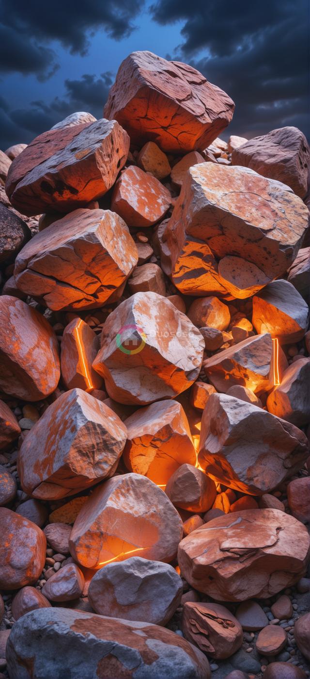 橙光映照下的奇石堆：低角度视角下的神秘自然艺术景观