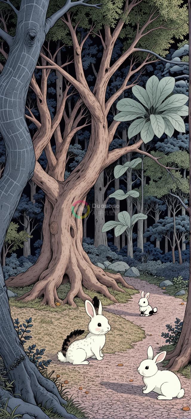 宁静森林与三兔绕径：画风细腻的黄昏童话场景