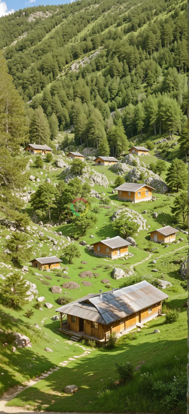 “山间诗意木屋：绿意盎然中的和谐自然风光”