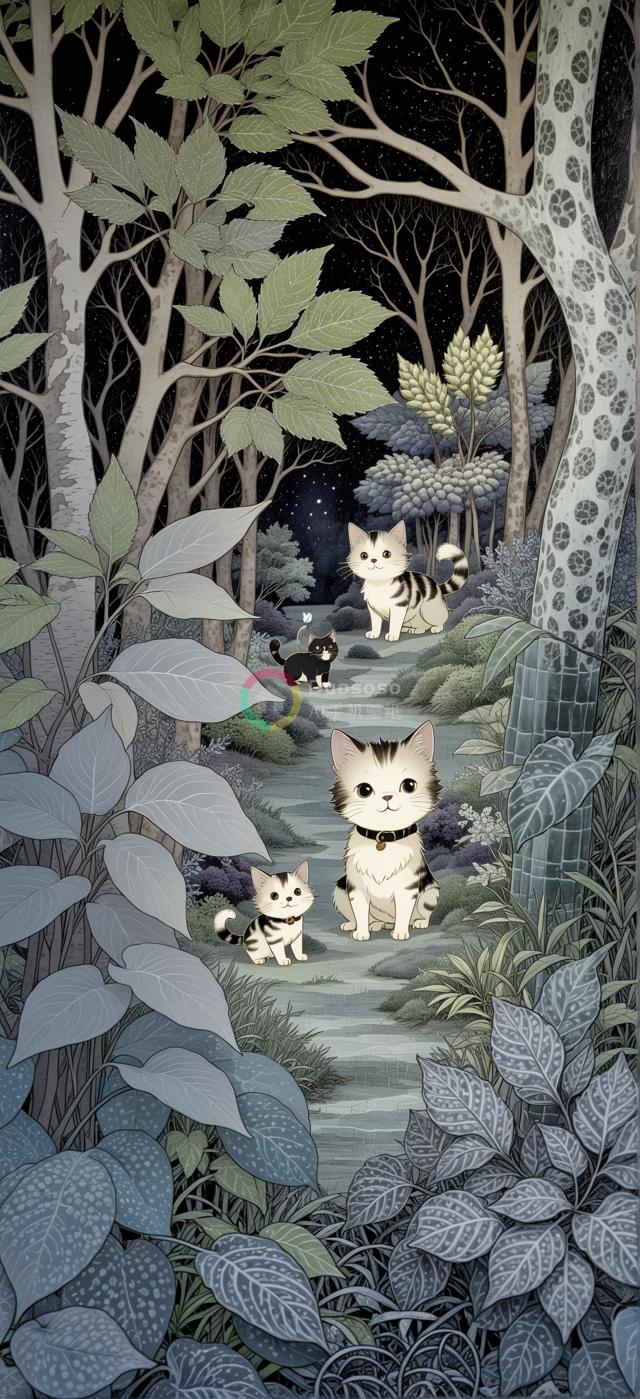 梦幻夜森林卡通猫探险图绘：奇趣氛围中的三猫夜行记