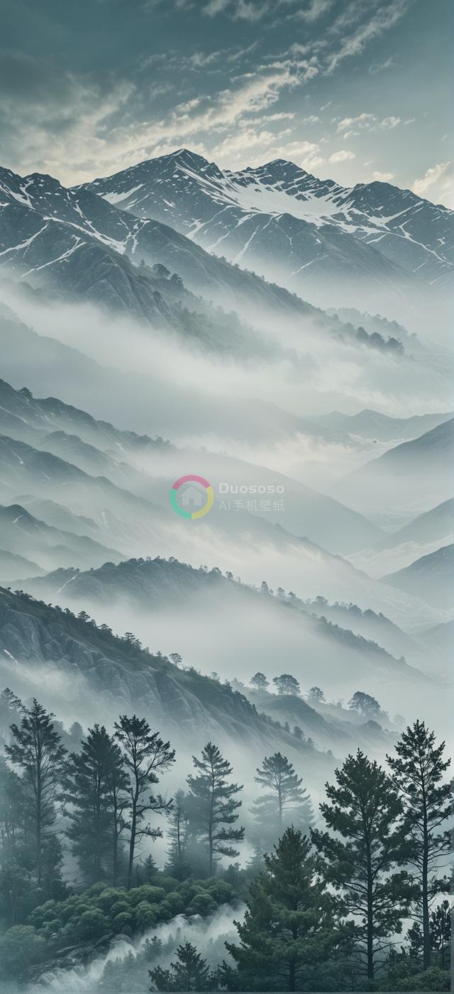 晨曦雪峰：雾霭缭绕山谷，冷灰蓝调展现壮美山川景观