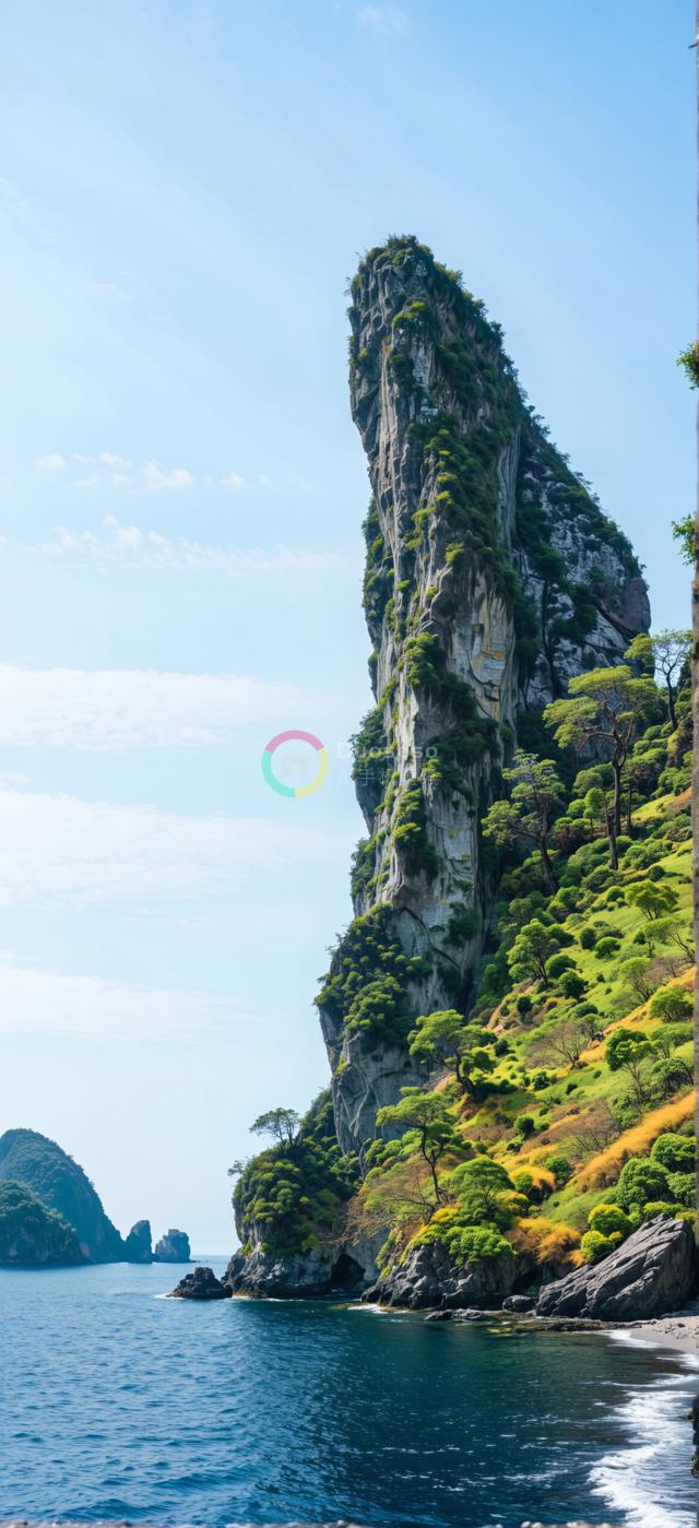 海边雄伟垂直岩壁的高清摄影：翠绿植被与鲜明色彩的海岸风光