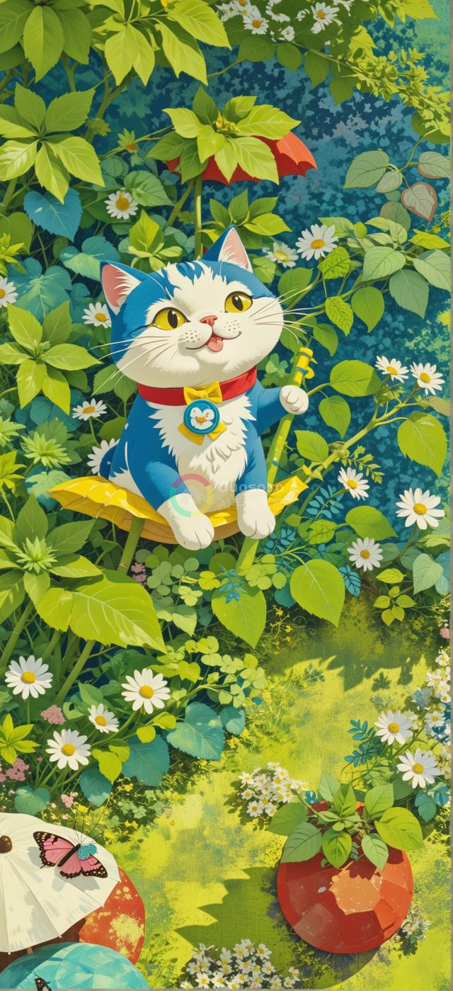 繁花似锦花园中幻想蓝白猫卡通插画：活泼神情配小红领与企鹅胸针