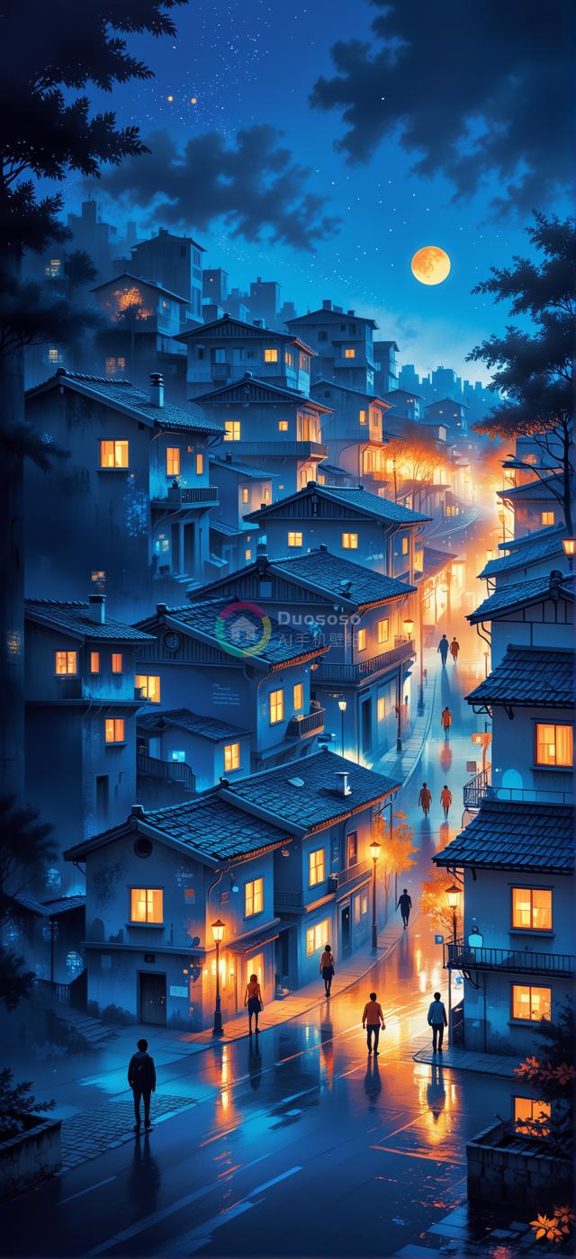 .

夜色中的亚洲风格街道：金暖灯光与月色交织的宁静都市风光