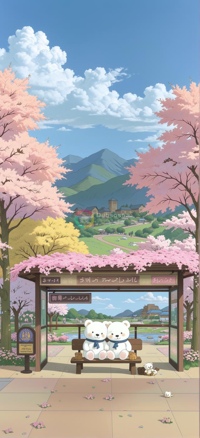 春日静谧公交站：两只蓝色围巾白绒熊共坐木椅，樱花盛开的温馨景致