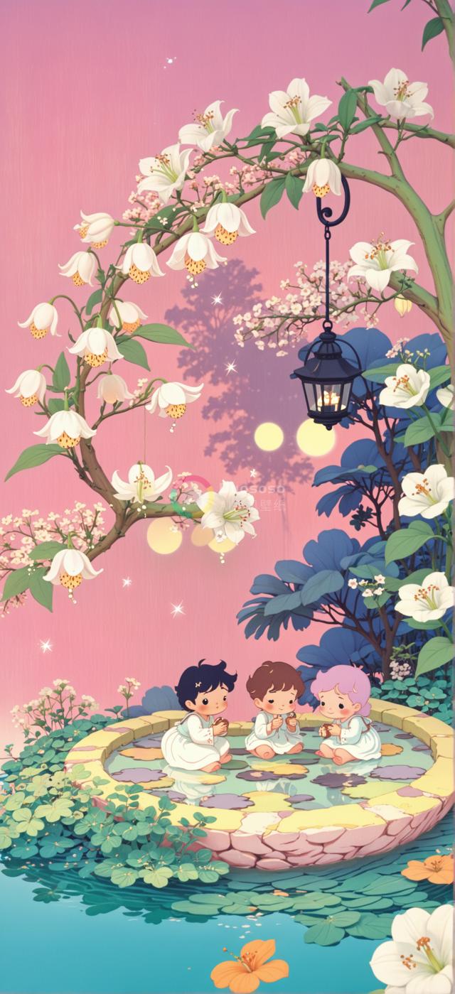 梦幻花园童趣插画：三个卡通孩子在圆形池塘边享受宁静时光