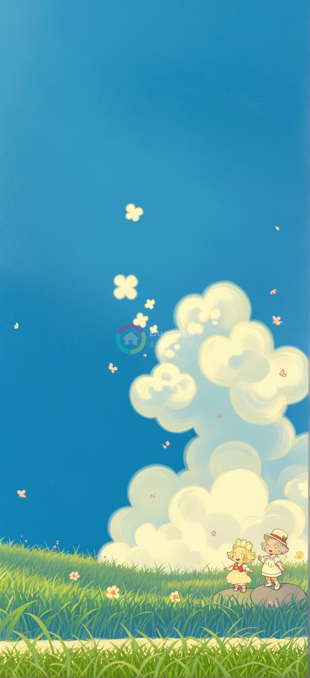 梦幻草地双人卡通插画：清晰蓝天与轻盈云朵下的童趣时光