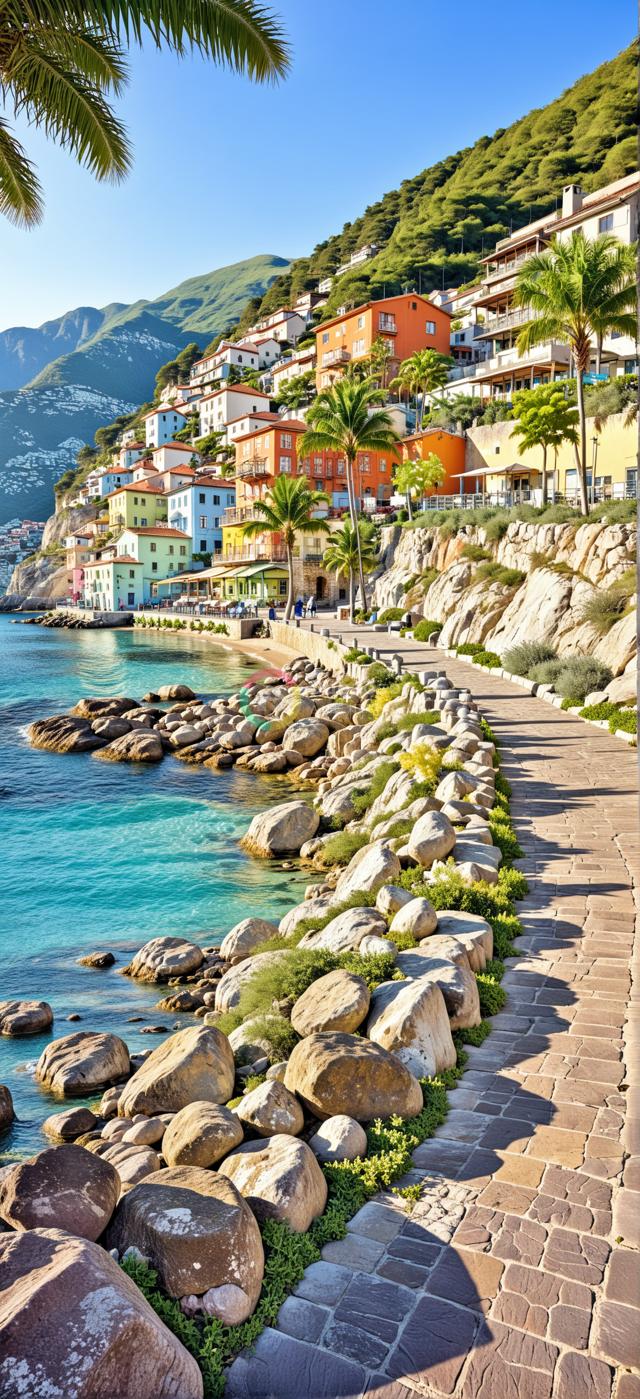 色彩斑斓海滨小镇：橙黄蓝粉建筑与翠绿自然相映成趣