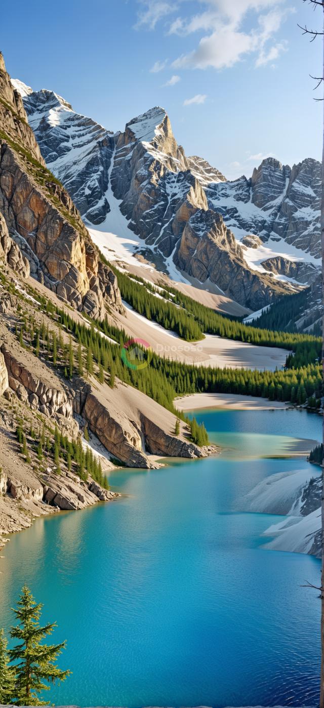 高山雪峰环绕中宁静蓝湖的壮丽景观摄影