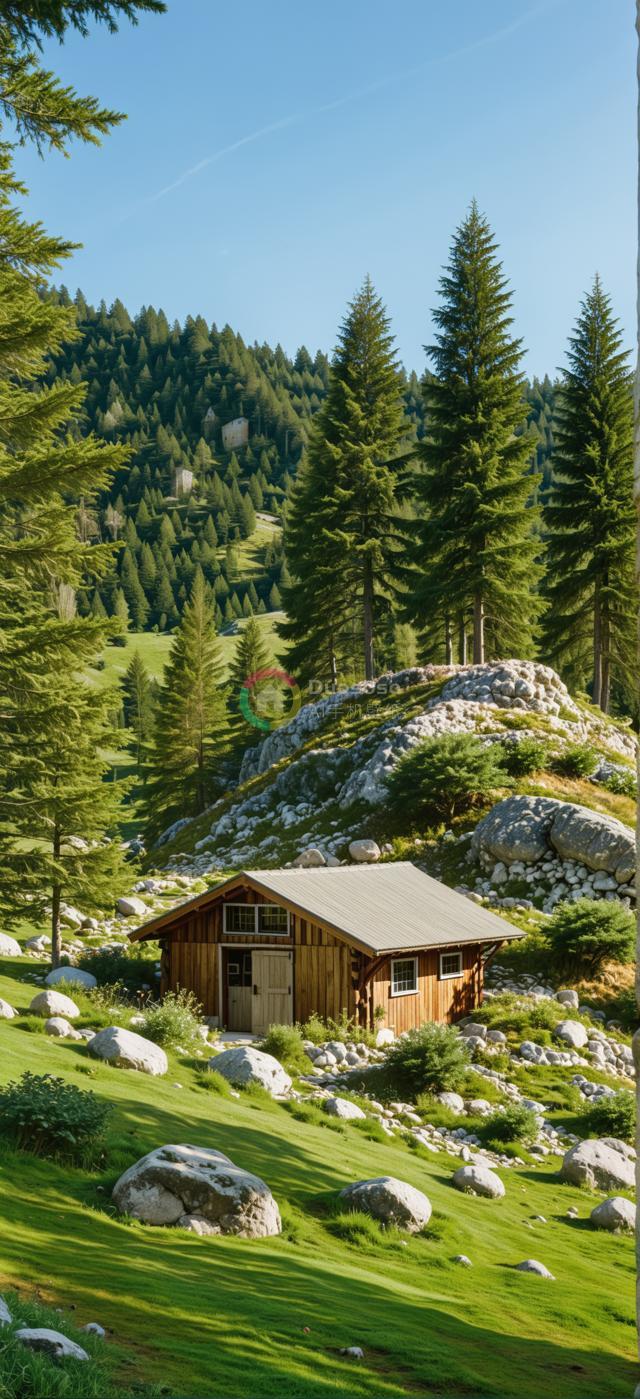 隐世山居：绿意盎然与巨石间的宁静木屋风光