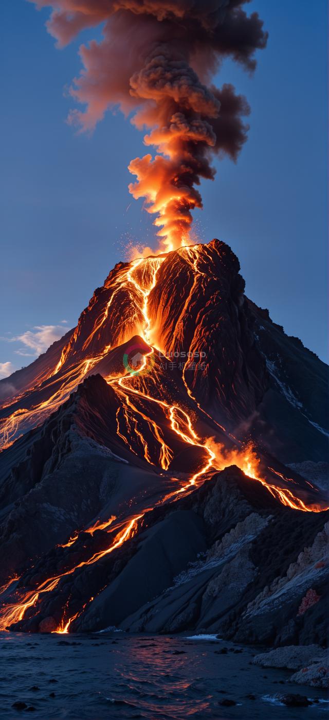 低角度捕捉火山喷发：橙红岩浆流淌与深蓝天际形成震撼对比，展现自然破坏性与壮丽之美